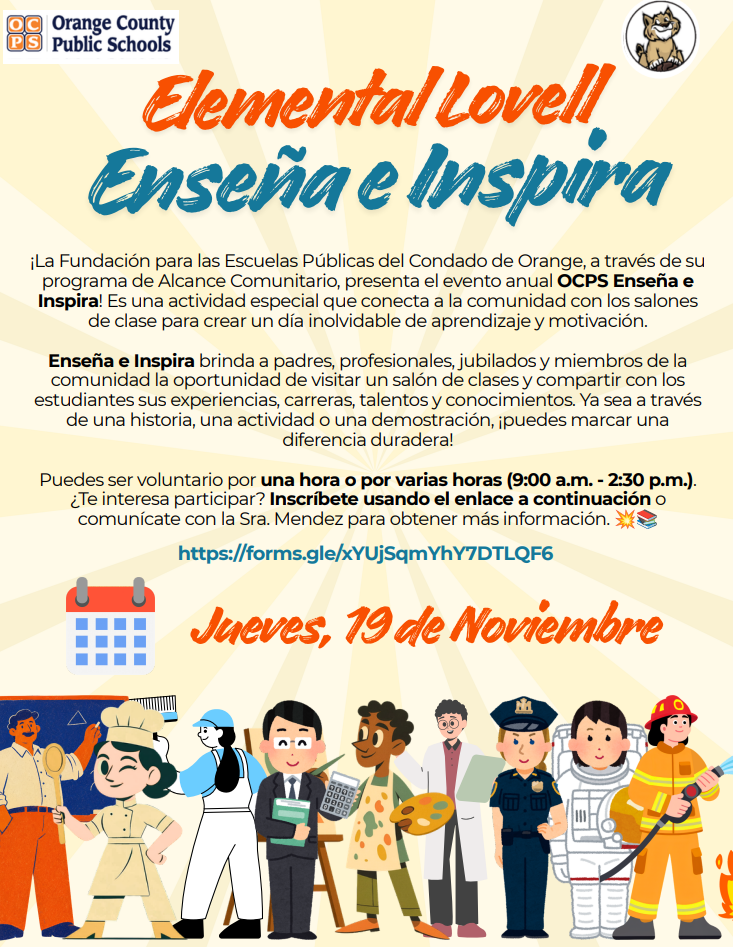 A promotional flyer in Spanish for Orange County Public Schools titled 'Elemental Lovell Enseña e Inspira' on November 19.