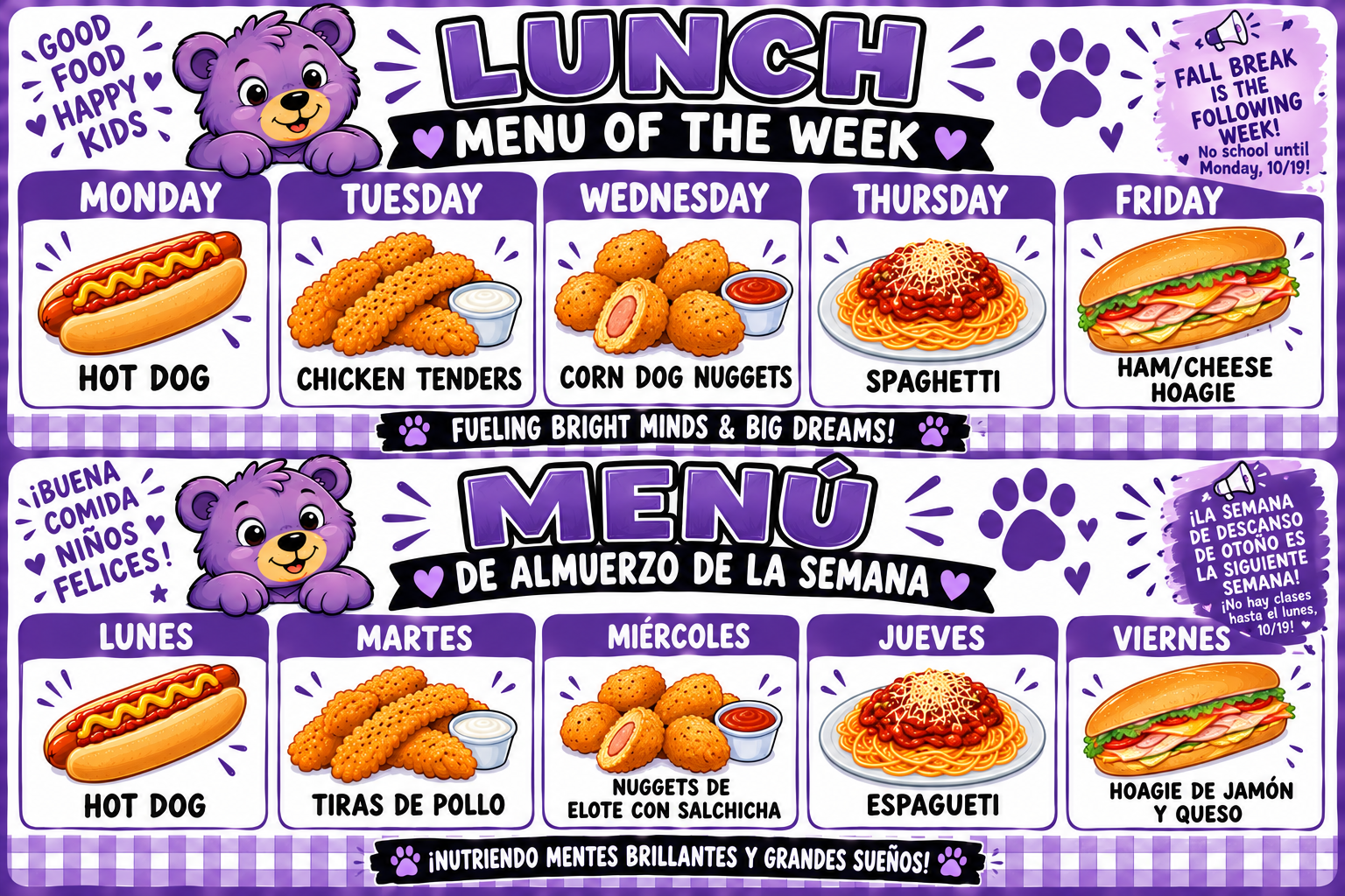 Lunch Menu 10/5 through 10/9
