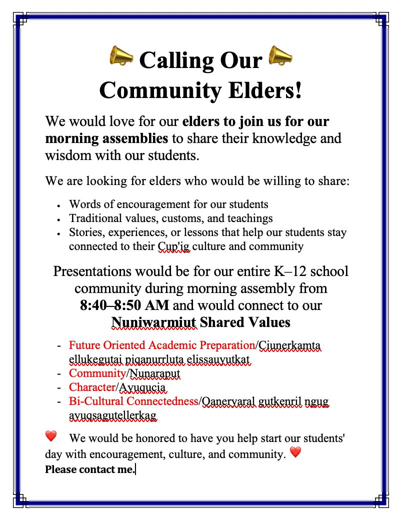 Looking for Elders to Present During Morning Assemblies