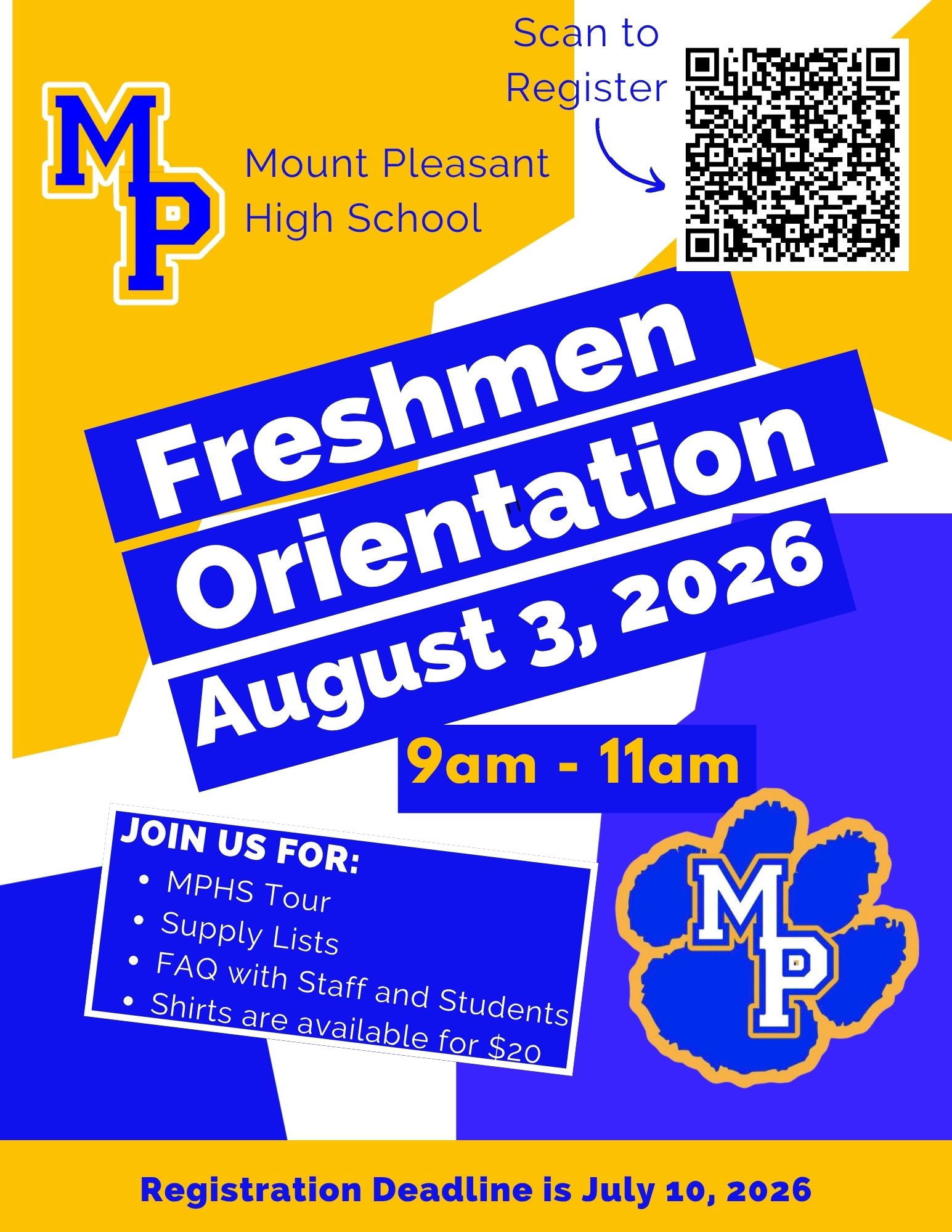 Freshmen Orientation - Aug. 3rd from 9-11am