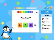 A colorful, kid-friendly educational software interface showing math puzzles with a small penguin mascot, visual and clean design.