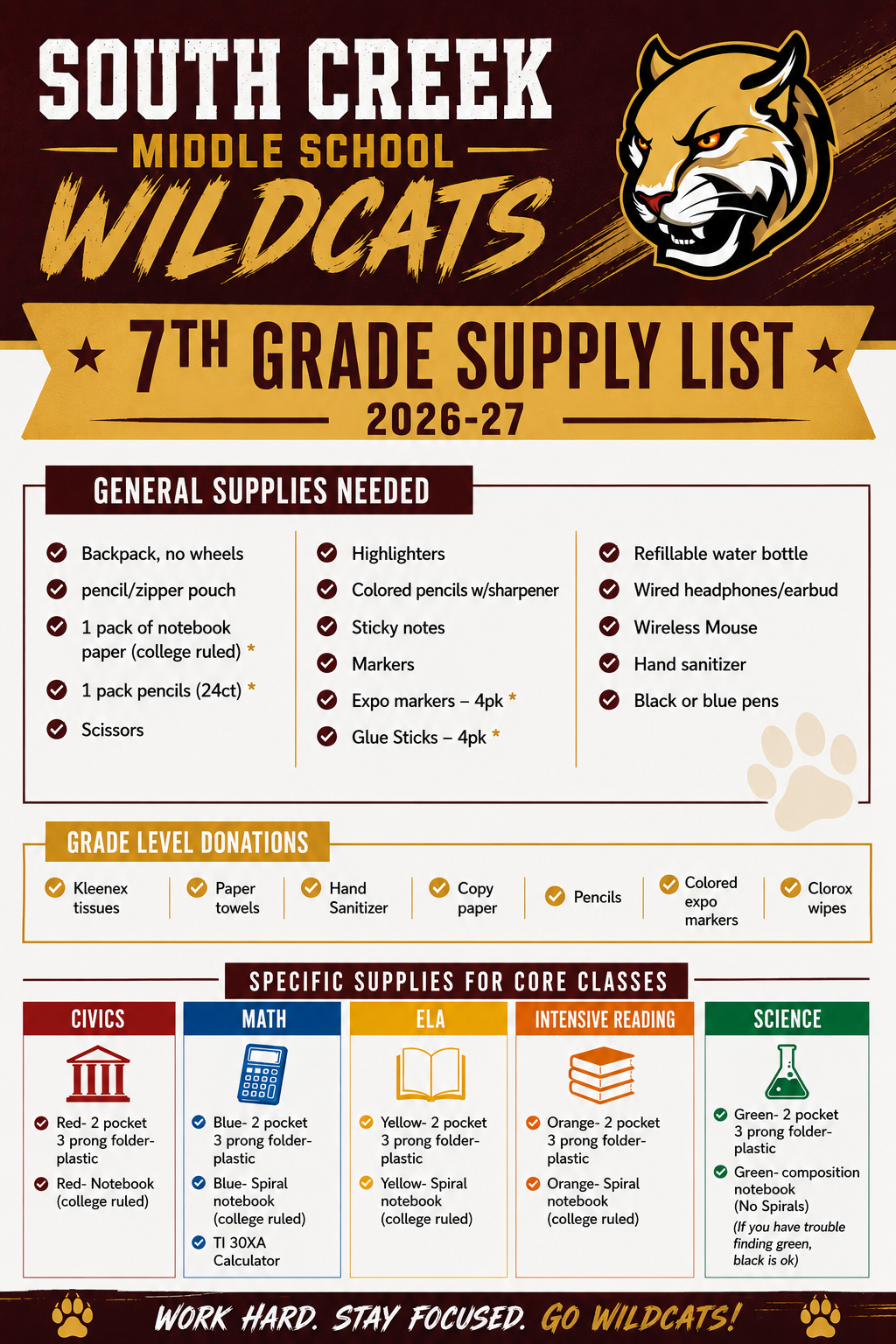 7th grade school supply list