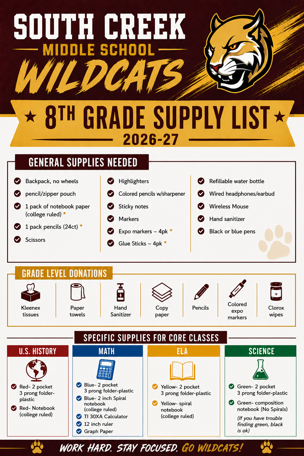8th grade school supply list
