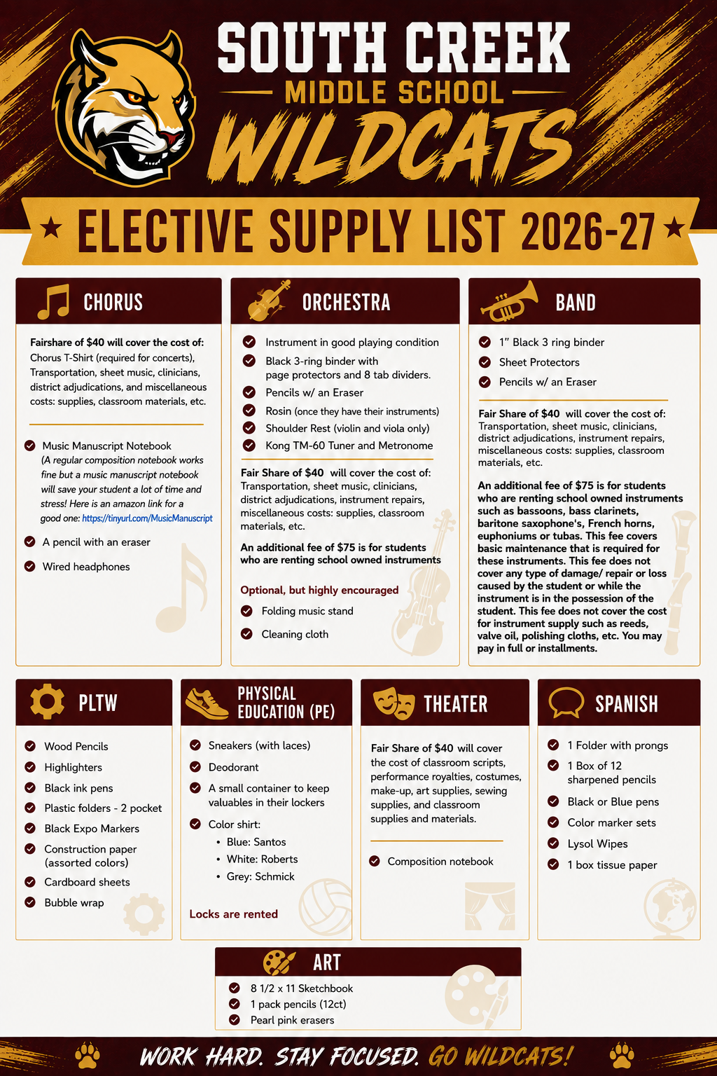 South Creek Middle School Wildcats Elective Supply List 2026-27, detailing requirements for Chorus, Orchestra, Band, PLTW, Physical Education, Theater, Spanish, and Art.
