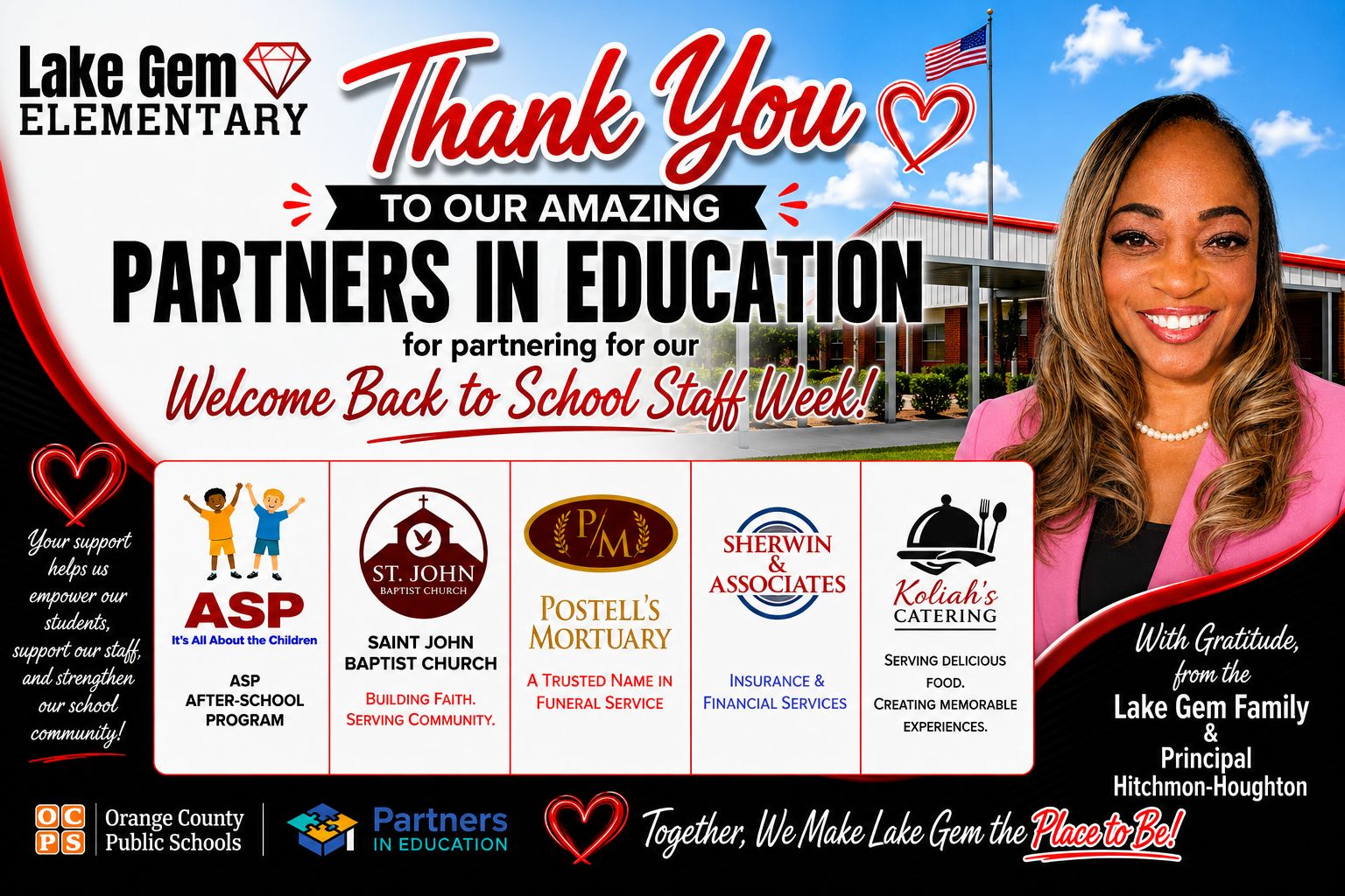 Thank you to our Lake Gem Elementary Welcome Back Staff Week 2026 Partners in Education! 