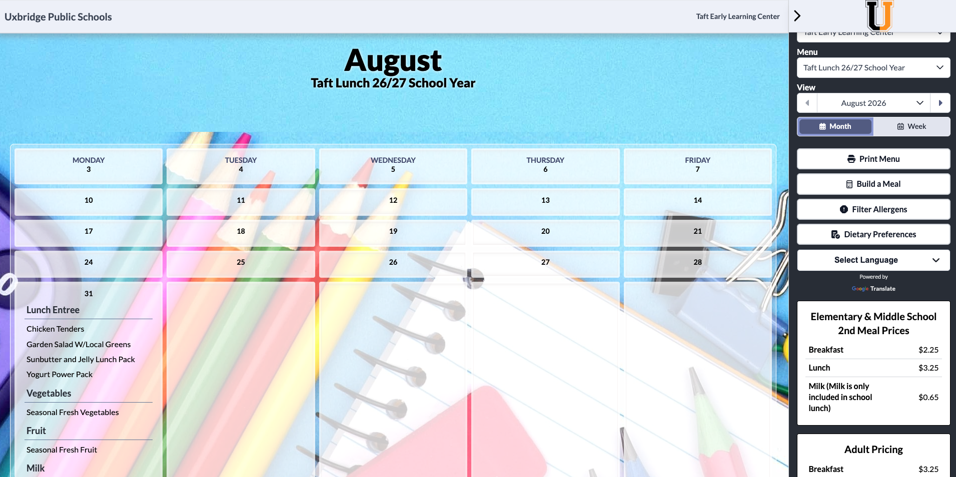 A digital calendar displays the month of August for the Taft Lunch 26/27 School Year, with days of the week and dates visible.