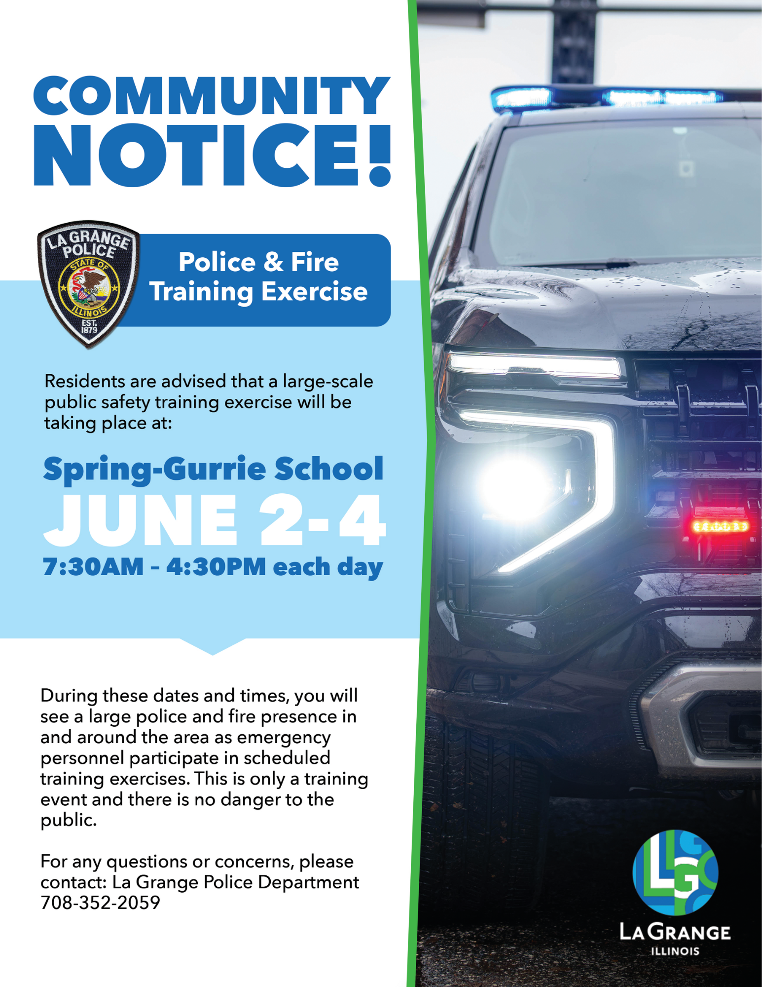 COMMUNITY NOTICE: Police & Fire Training Exercise at Spring Ave/Gurrie