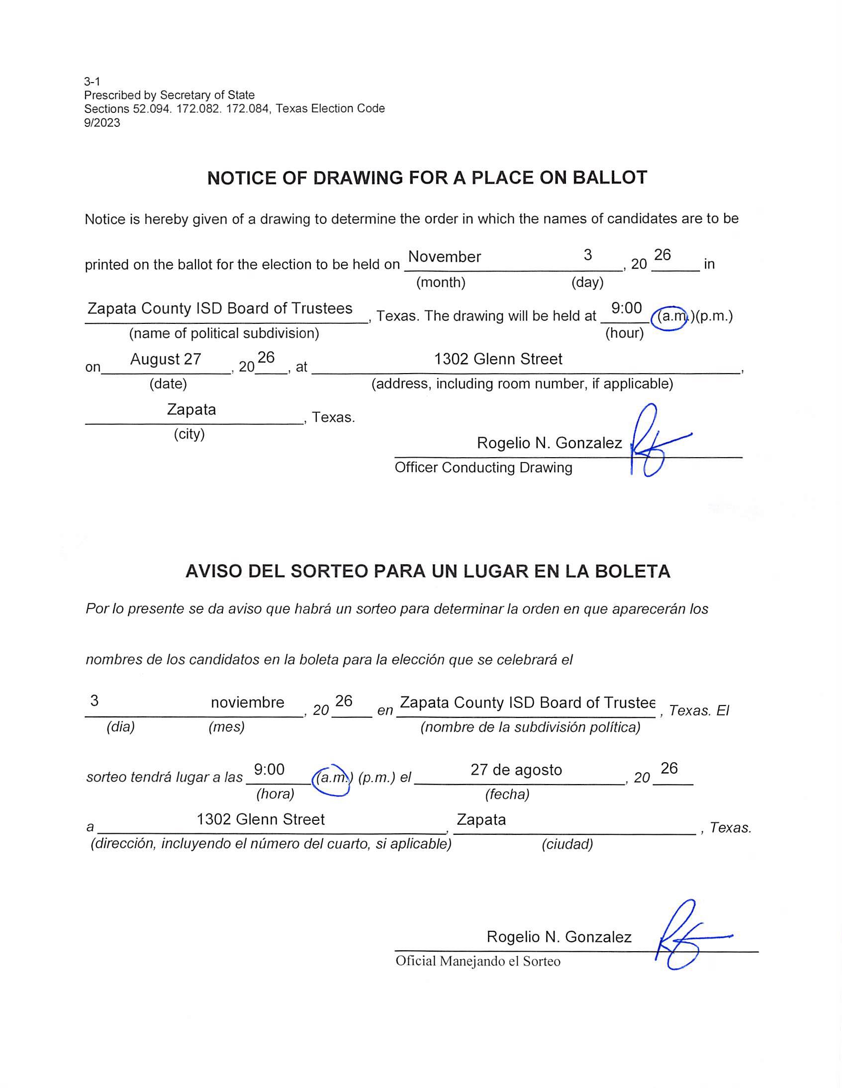 Notice of Drawing for Place on the Ballot