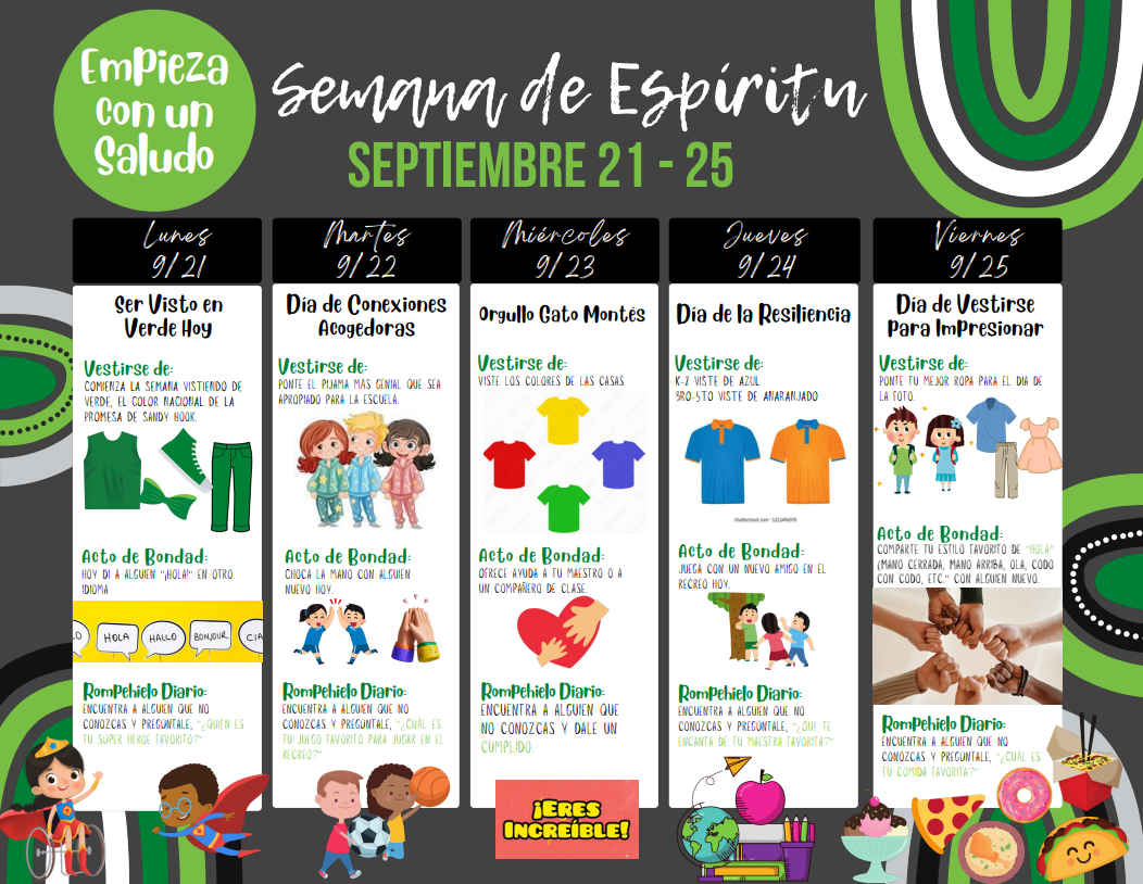 A school spirit week schedule poster in Spanish, detailing events and dress codes for September 21-25.
