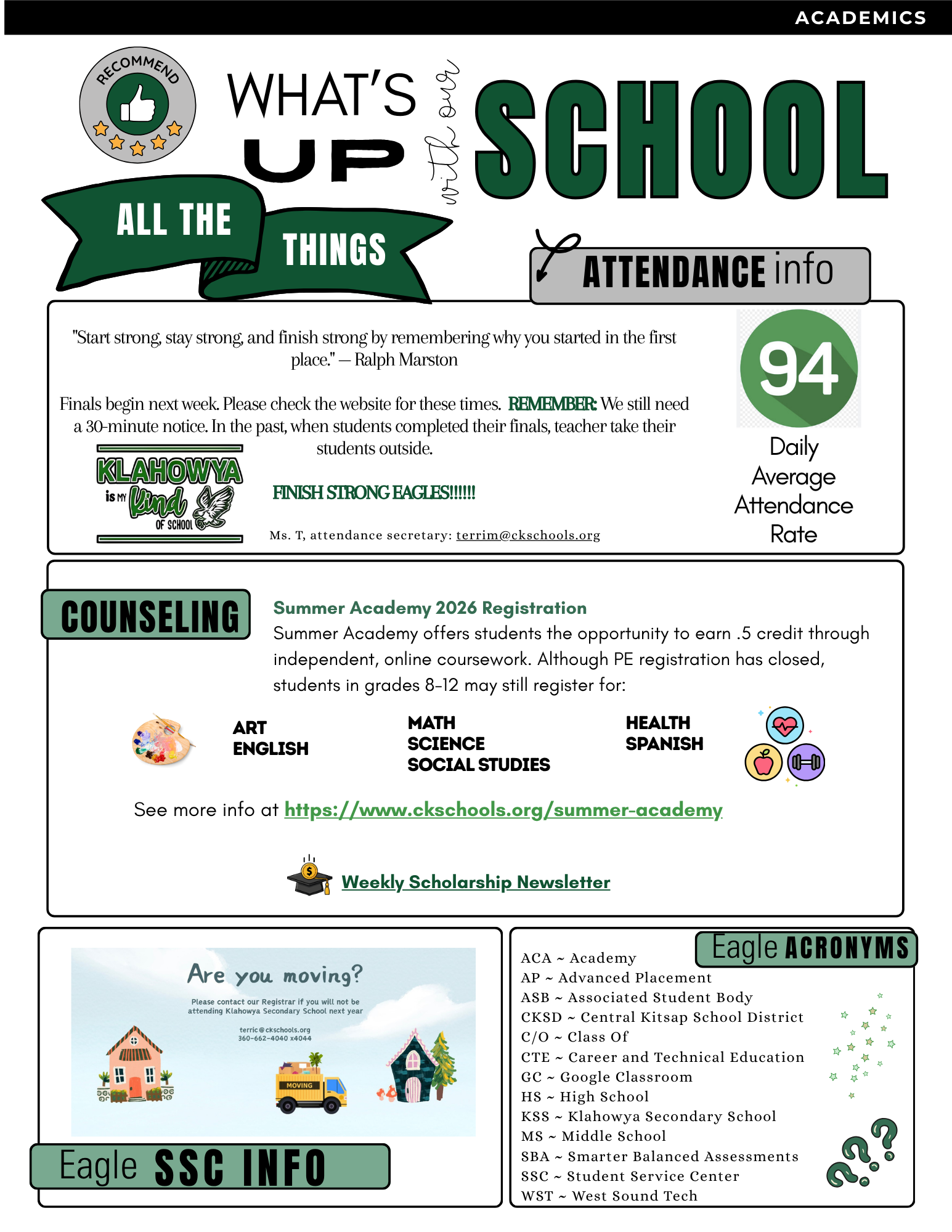 A school newsletter features "What's Up With Our School" with sections on academics, attendance, counseling, and student information.