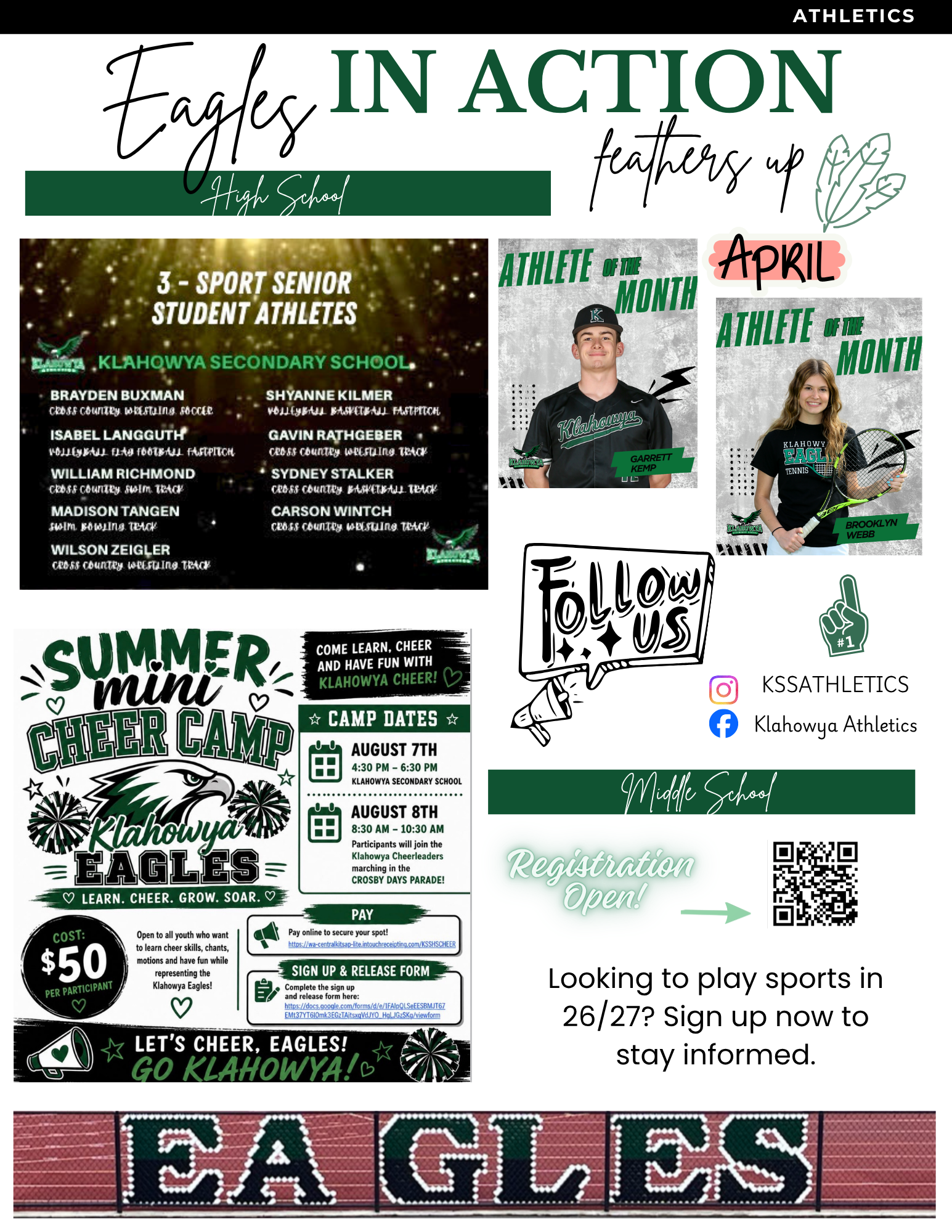 Klahowya High School Athletics features 'Eagles in Action' with student athletes and upcoming events.