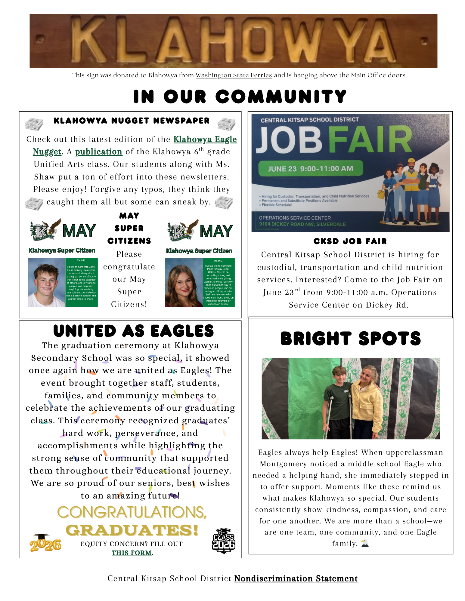 A collage of community news from Klahowya, featuring a newspaper announcement, a job fair poster, graduation congratulations, and a story about student kindness.