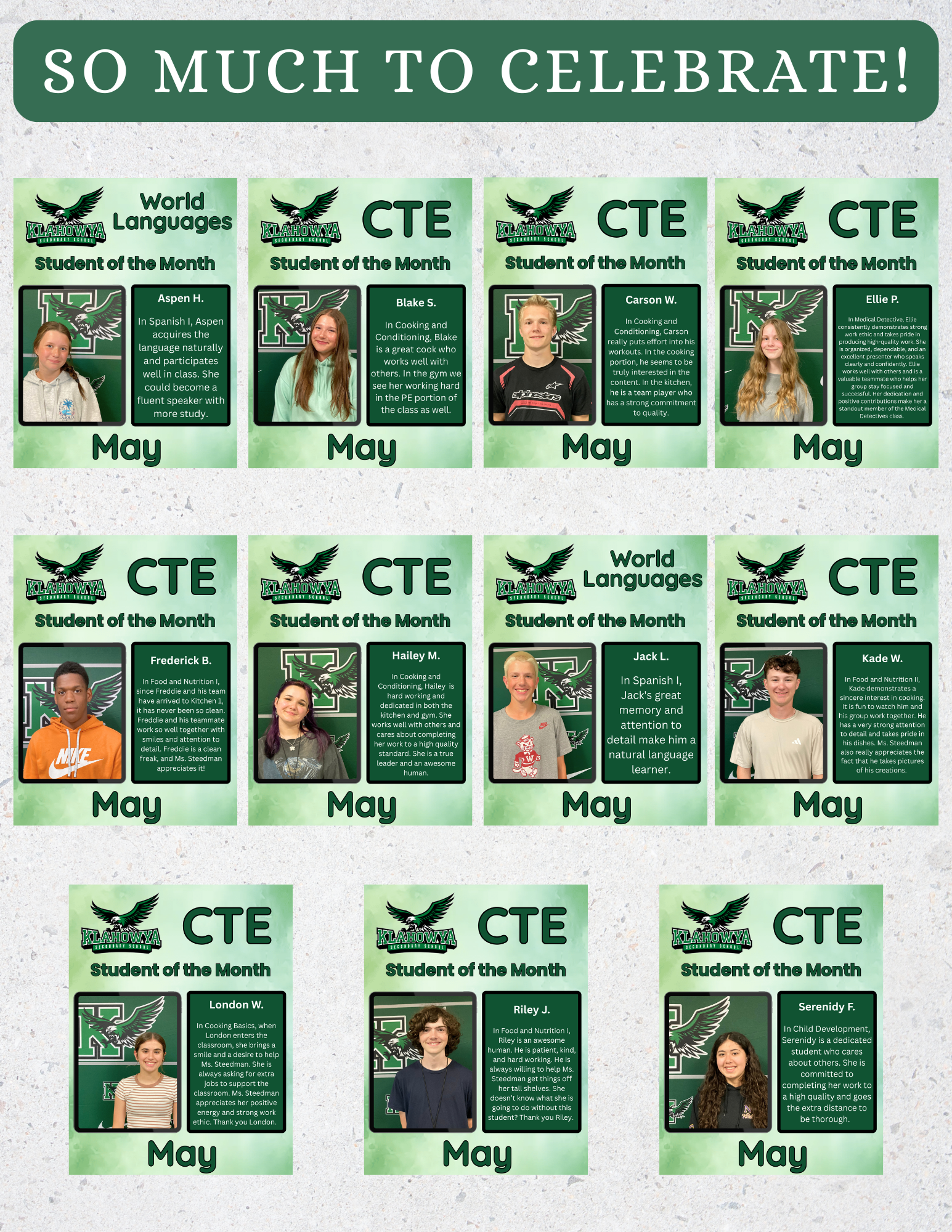 A collage of students recognized as "Student of the Month" for May at Klahowya Secondary School.