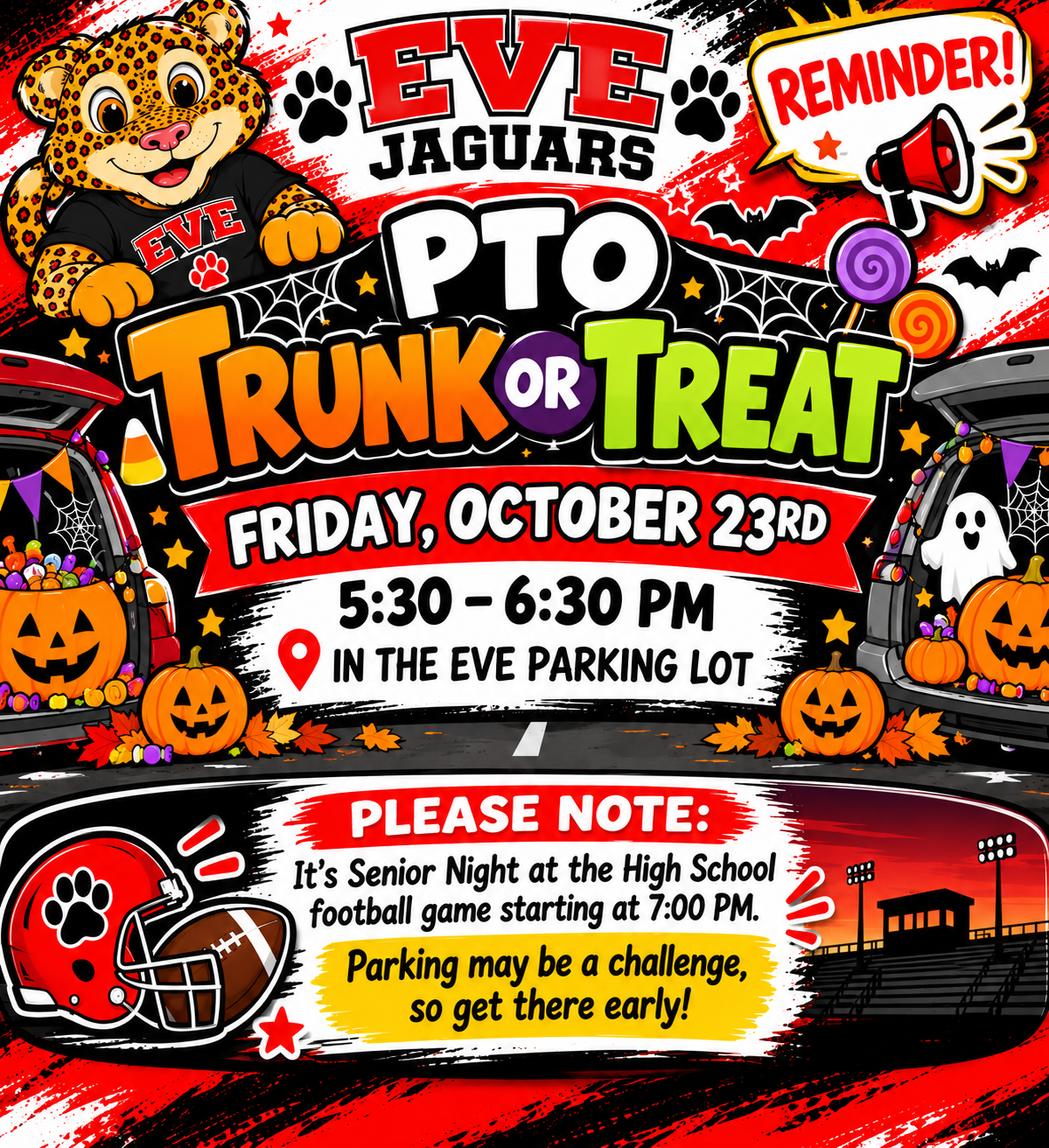 PTO EVE Trunk or Treat Tomorrow, Friday, October 23rd @ 5:30-6:30pm