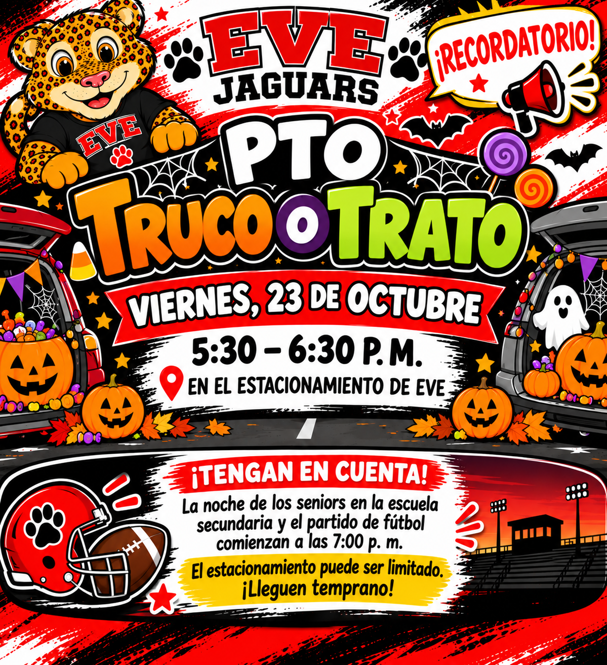 A colorful flyer in Spanish for an Eve Jaguars PTO 'Truco o Trato' trunk-or-treat event on Friday, October 23, from 5:30 to 6:30 P.M.