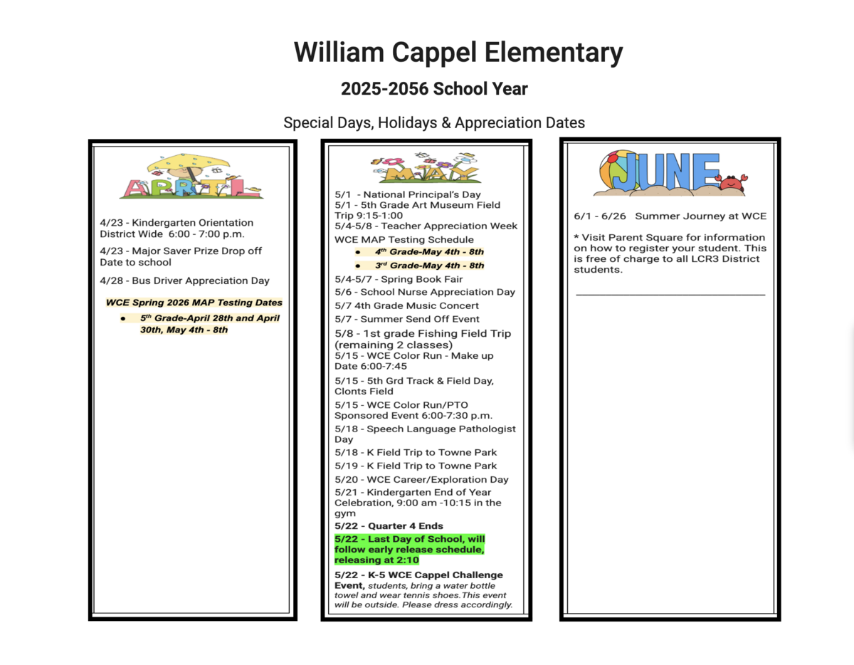 UPDATED:  William Cappel Elementary  April - June, Special Days, Holidays & Appreciation Dates
