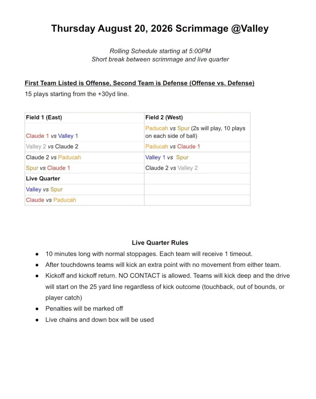 HS Football Scrimmage Schedule