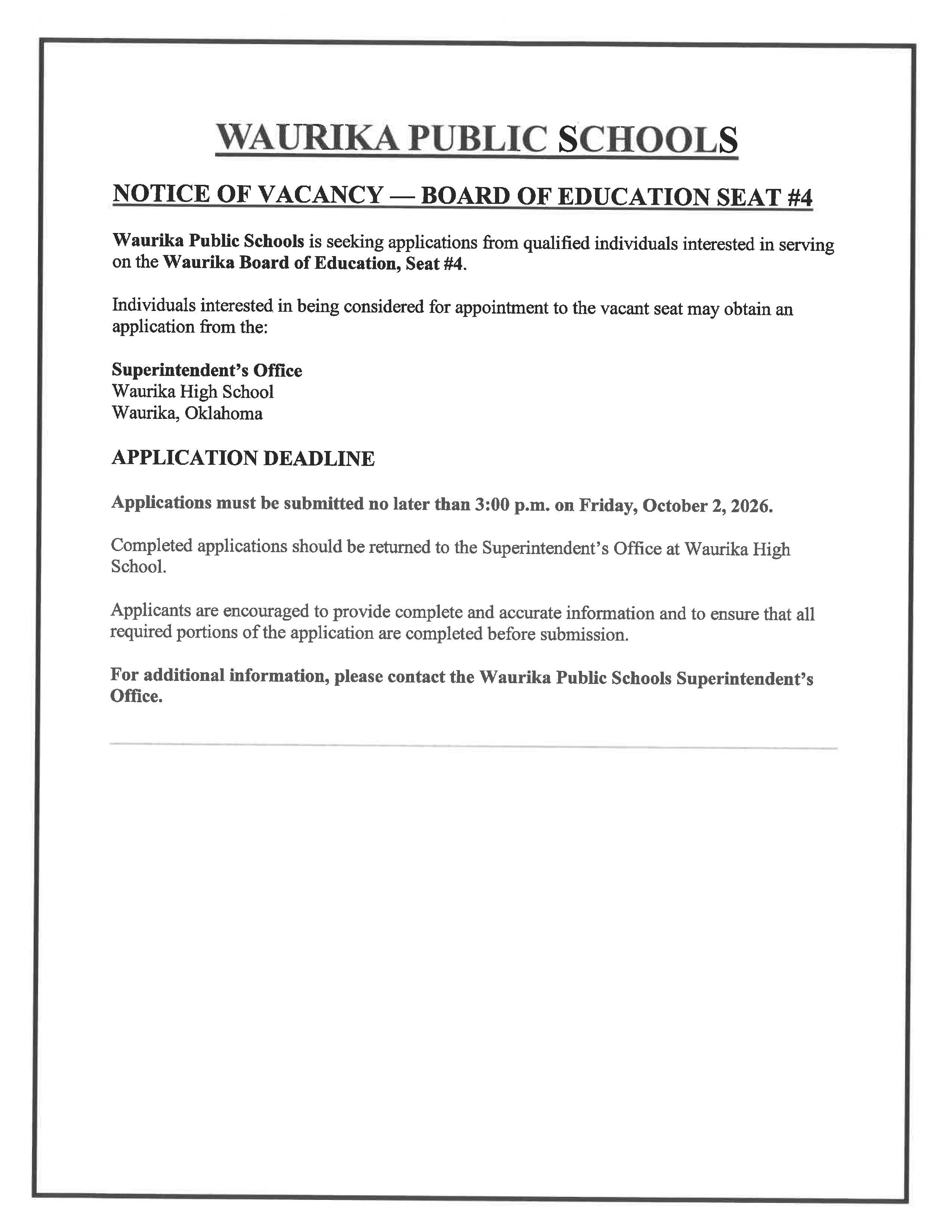 SCHOOL BOARD VACANCY