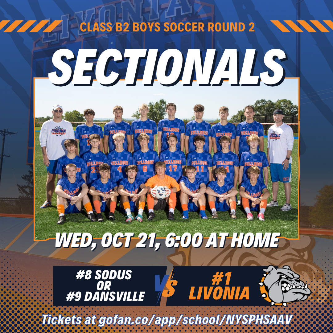 A sports graphic featuring a boys soccer team posing on a field for sectionals, with text reading CLASS B2 BOYS SOCCER ROUND 2 SECTIONALS and a game details banner at the bottom.