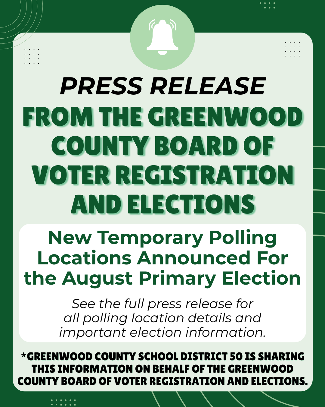 Greenwood County Board of Voter Registration and Elections Announce New Locations to Serve as Temporary Polling Locations for August Primary Election 