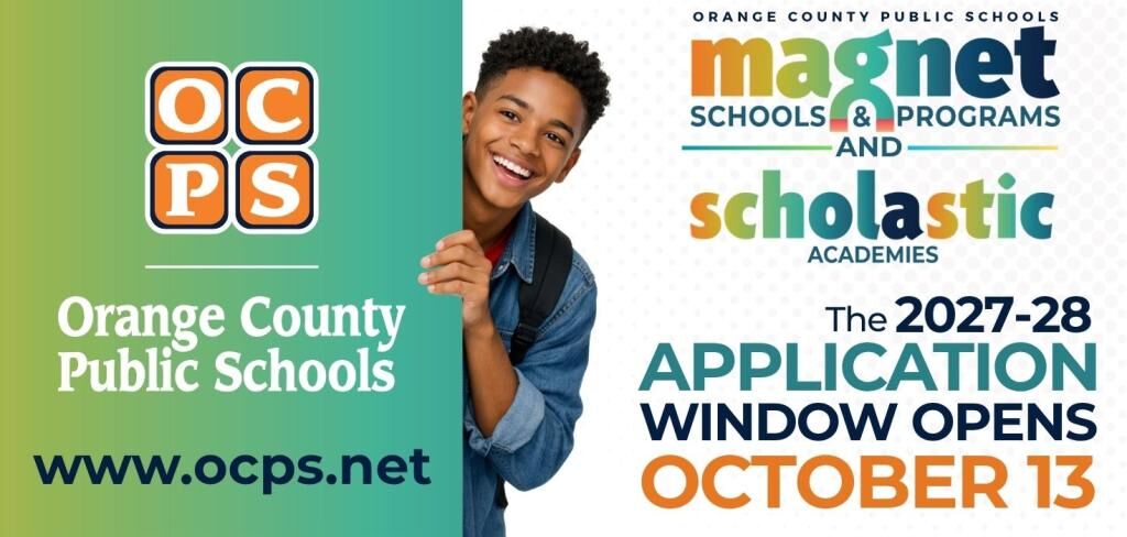 Promotional graphic for Orange County Public Schools announcing the 2027-28 magnet schools application window opening October 13, featuring a smiling student.