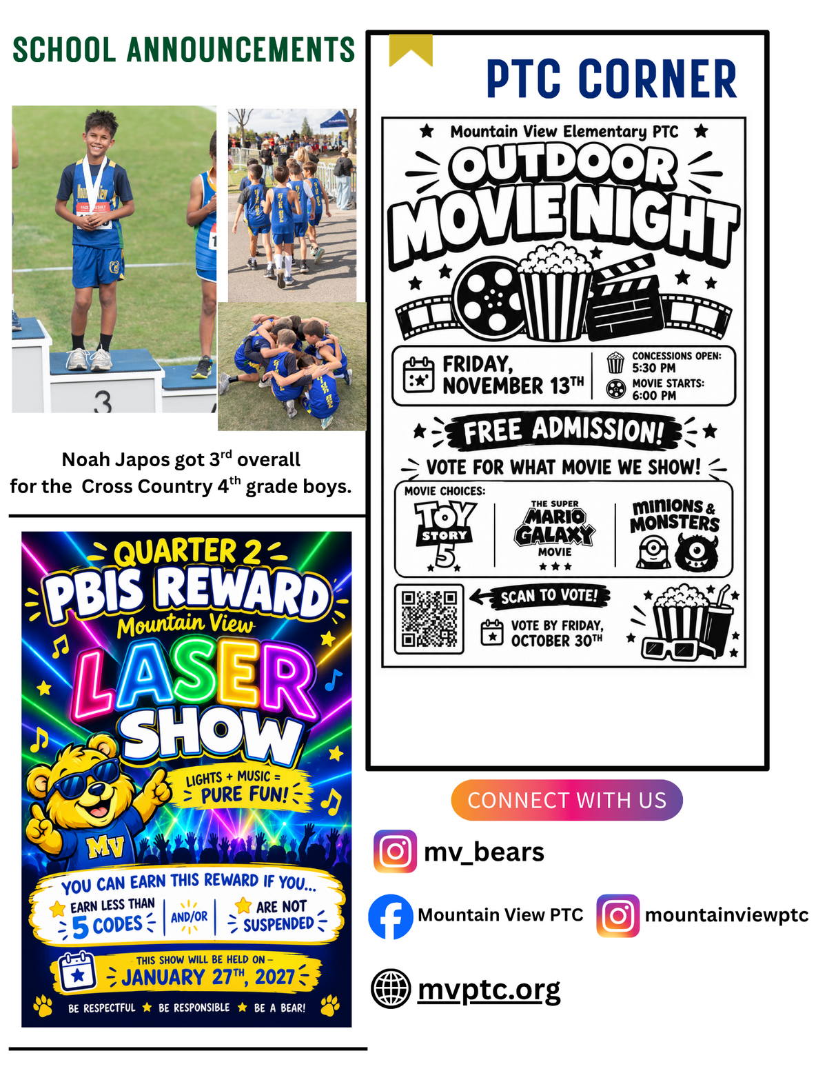 A school newsletter featuring announcements, a cross-country runner in third place, an Outdoor Movie Night flyer, and a PBIS Reward Laser Show poster.