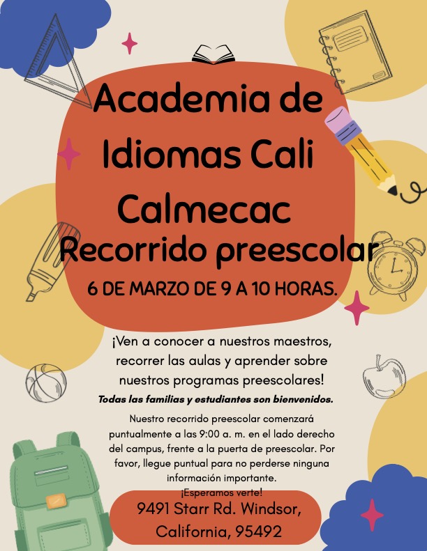 Poster for Academia de Idiomas Cali Calmecac preschool tour on March 6th from 9 AM to 10 AM.
