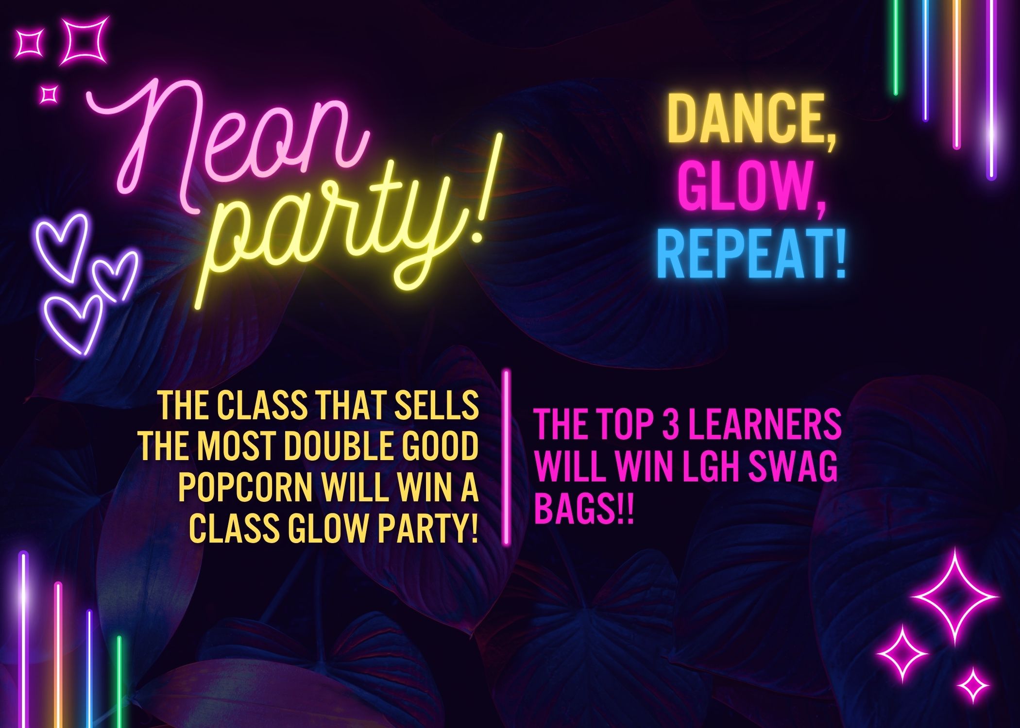 A neon party flyer against a dark background with leaves, featuring pink, yellow, and blue text announcing a popcorn sales contest.