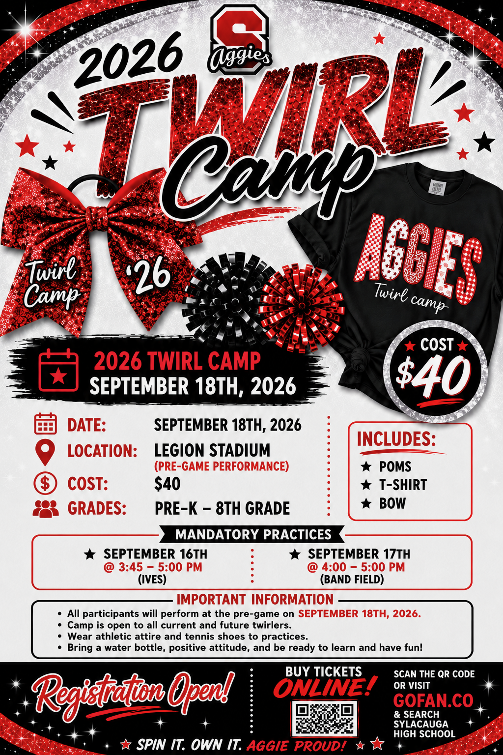 Don't Forget! Twirl Camp Sept. 18 - $40. Practice Sept. 16, 17. See attached flyer for more info.