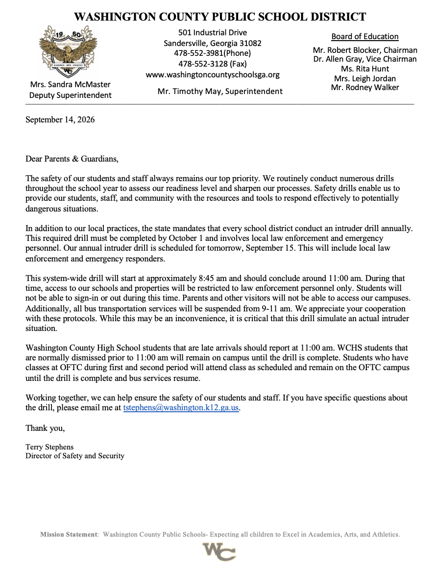 Annual Intruder Drill - Tomorrow, September 15