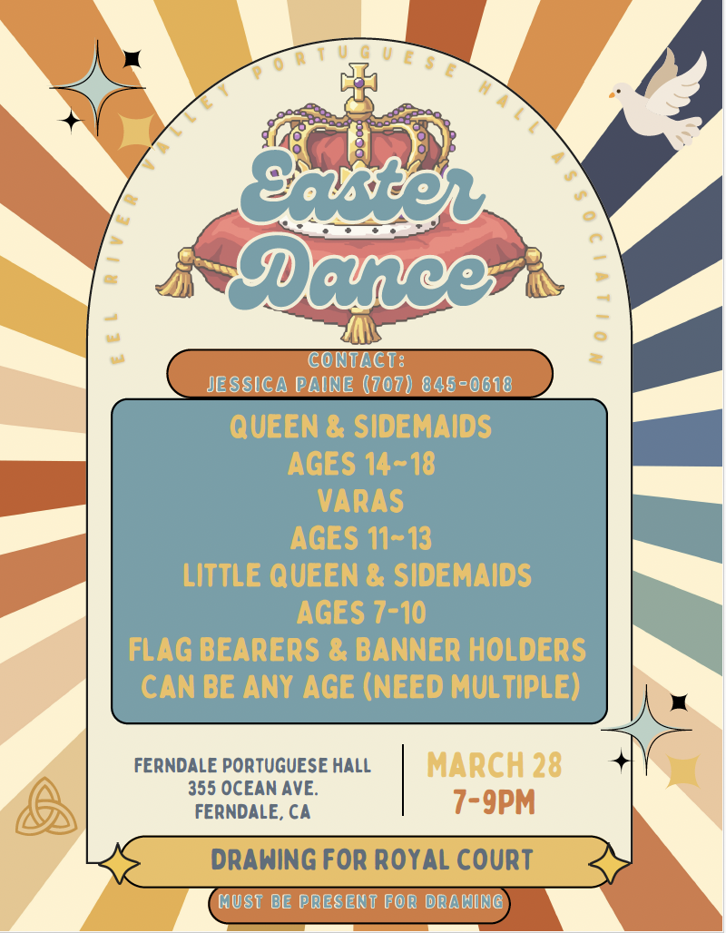 Poster for an Easter Dance event hosted by Eel River Valley Portuguese Hall Association.