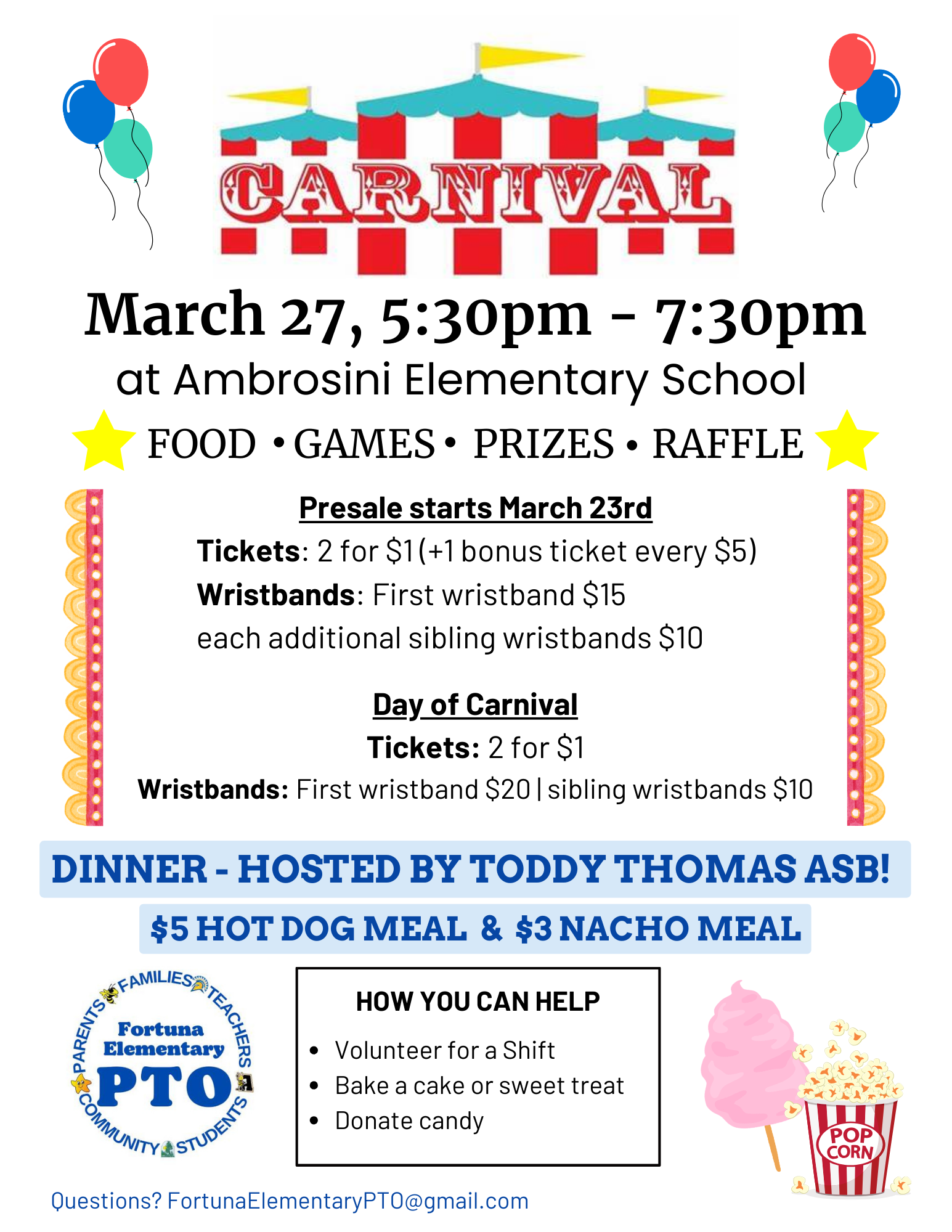 Poster announcing a carnival event at Ambrosini Elementary School on March 27th from 5:30pm to 7:30pm, featuring food, games, prizes, and a raffle.