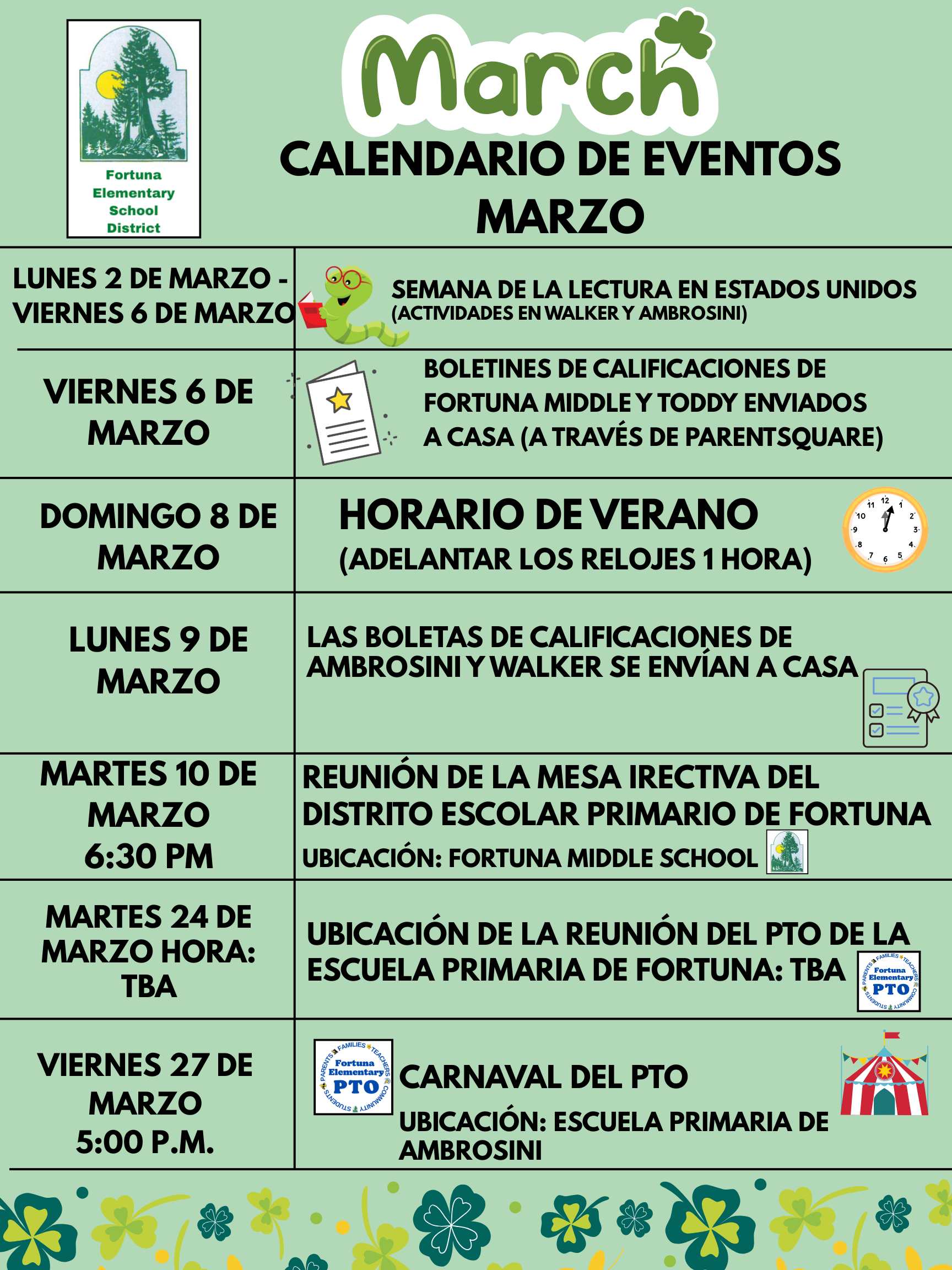Fortuna Elementary School District March Events Calendar in Spanish.