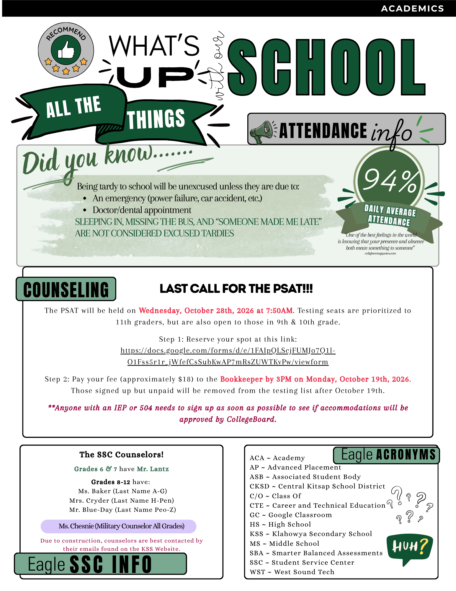 A school newsletter page titled What's Up With Our School, featuring attendance info, counseling details, and school acronyms.