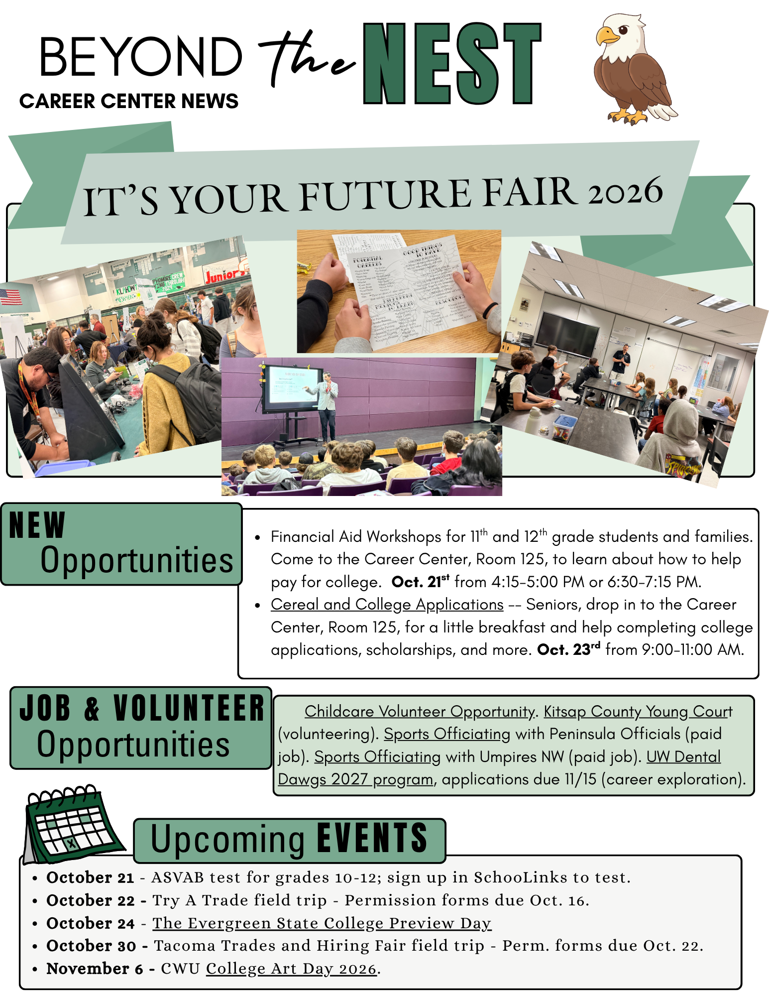 A career center newsletter titled 'Beyond the Nest' featuring upcoming events, job opportunities, and photos from a school fair.