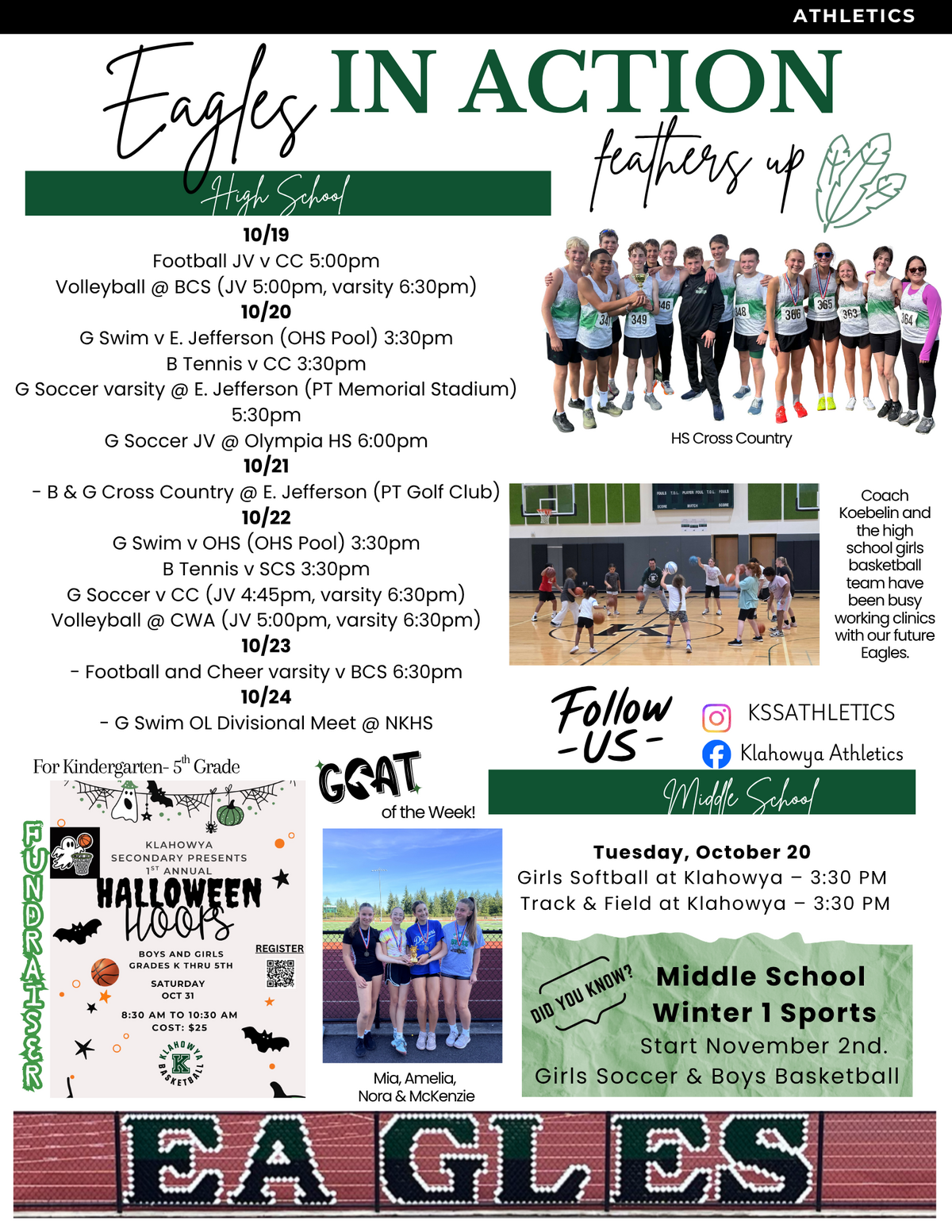 A digital newsletter titled 'Eagles in Action' outlines high school and middle school athletic schedules, team photos, and events.