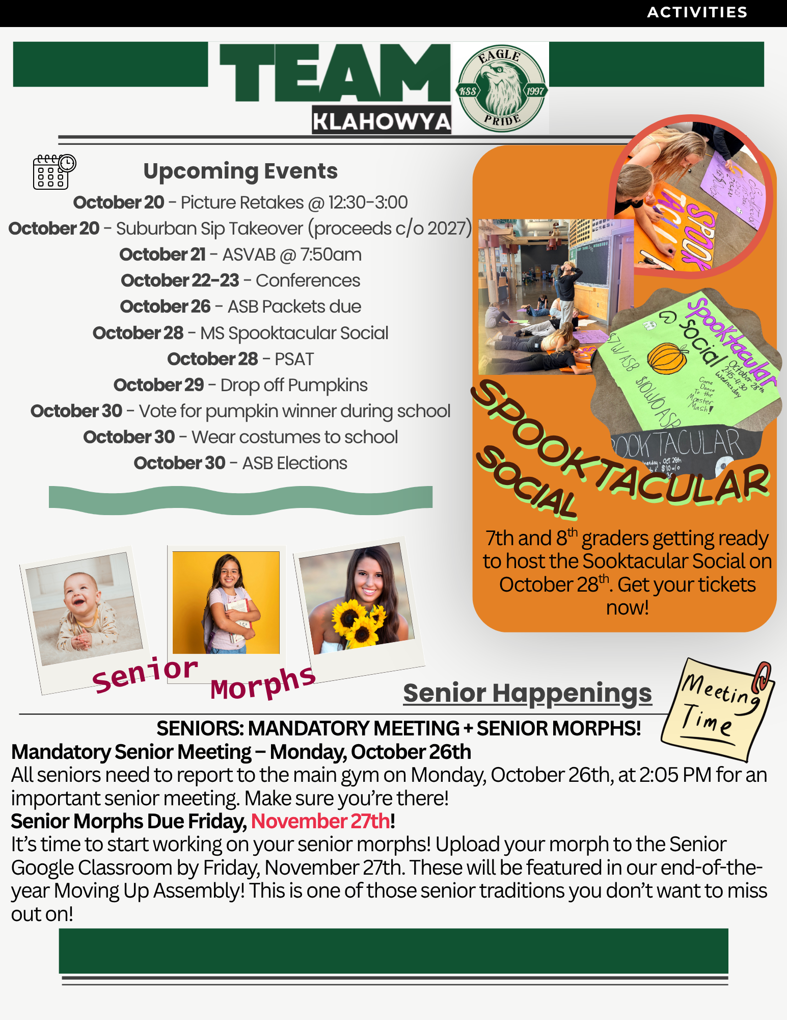 A school newsletter highlights upcoming October events, including picture retakes, conferences, and the Spooktacular Social.