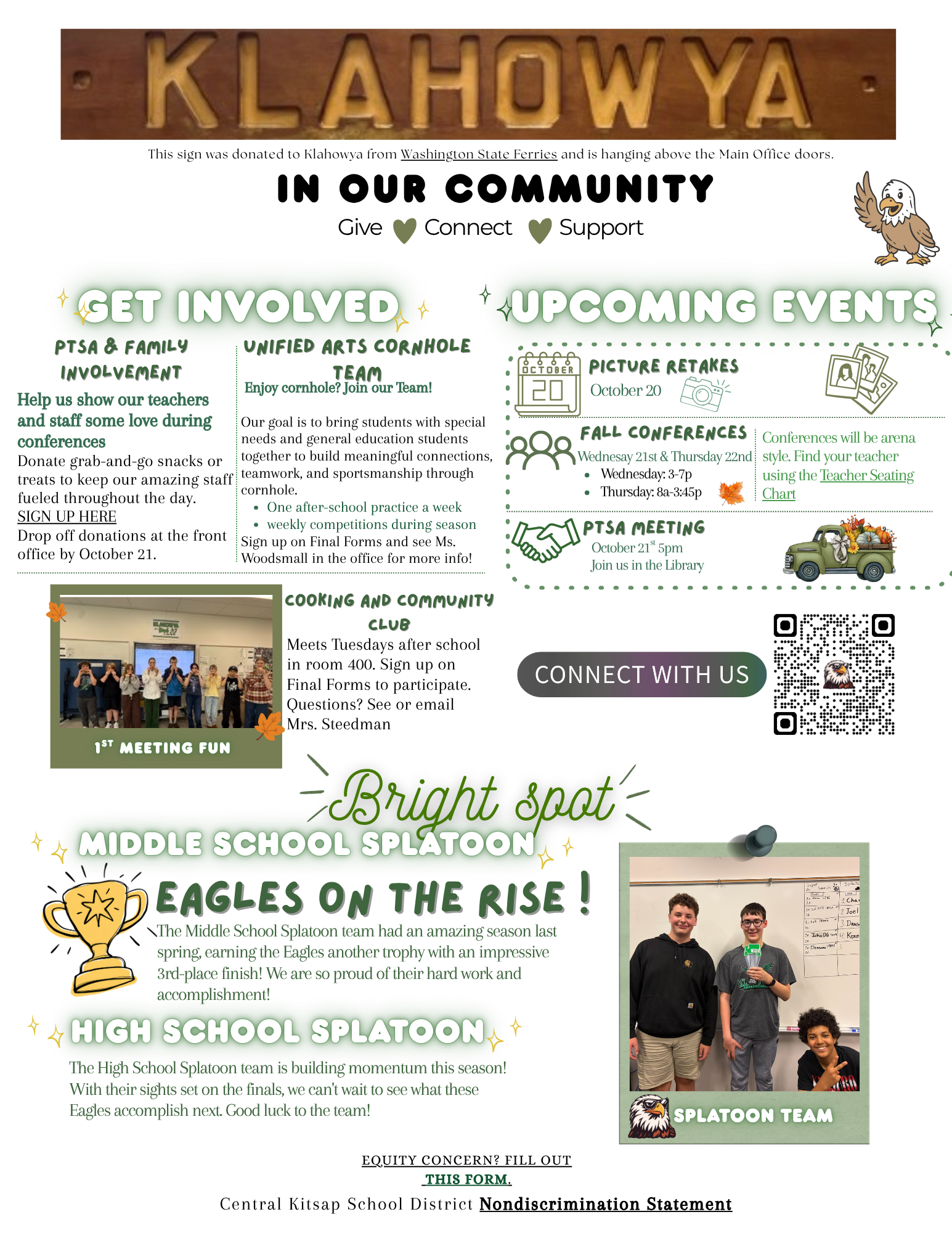 A community bulletin board titled 'In Our Community' with sections for getting involved, upcoming events, and school news.