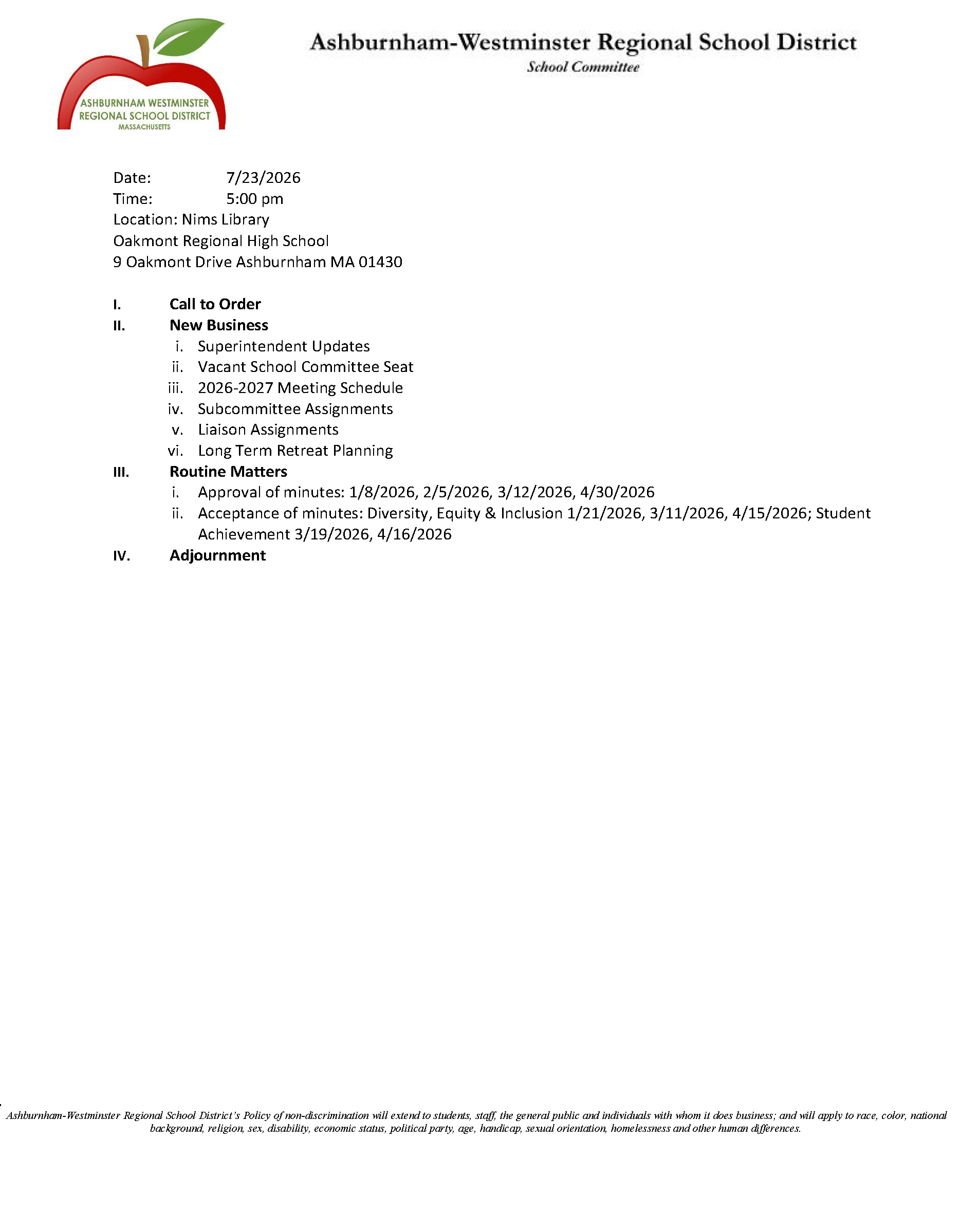 School Committee Meeting 7/23/2026