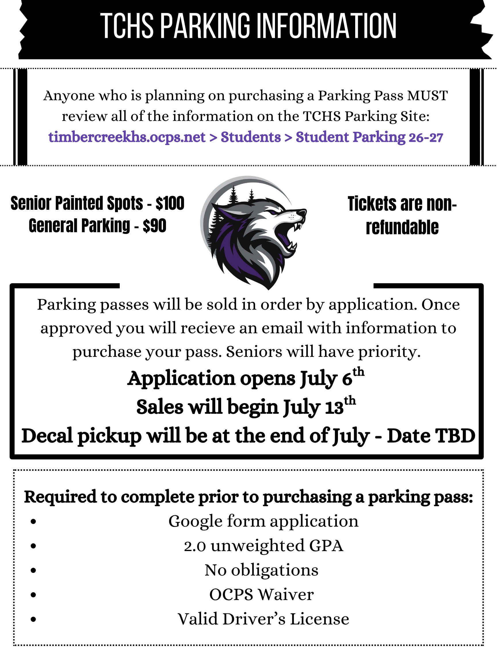 TCHS Parking Information - Applications Open July 6th at 10 am