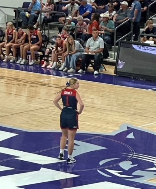 A female basketball player in a red and blue uniform with the number 1 stands on a court.