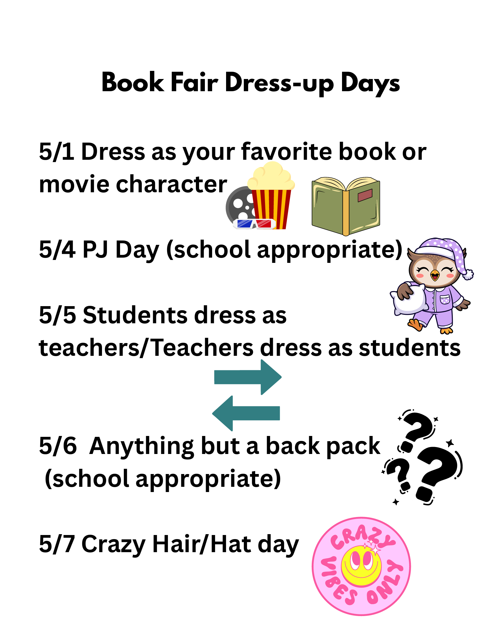 Book Fair Dress-up Days schedule with icons for each day.