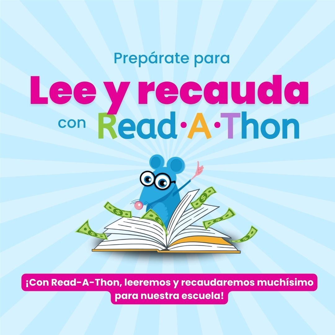 A promotional graphic for Read-A-Thon features a blue mouse behind an open book, surrounded by floating money bills against a light blue sunburst background.
