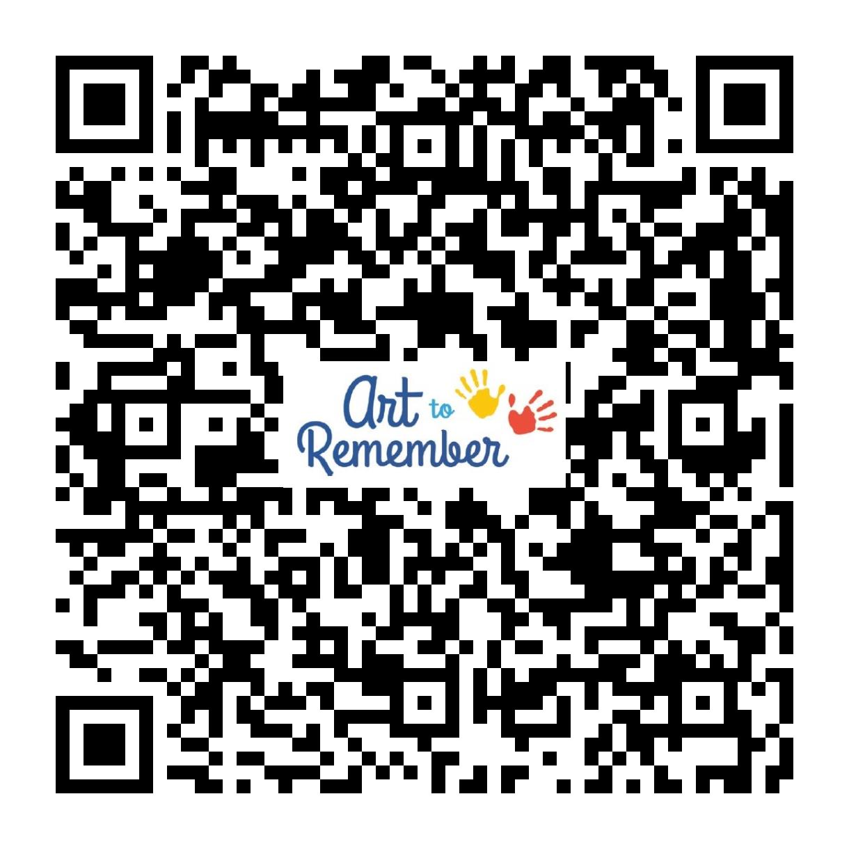 A black and white QR code featuring the colorful logo for Art to Remember in the center.
