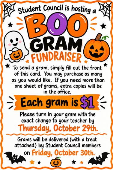 A colorful flyer for a Student Council Boo Gram Fundraiser featuring a friendly ghost, a smiling pumpkin, and Halloween-themed decorations.