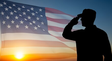 A silhouette of a person in uniform saluting against the backdrop of an American flag at sunset.