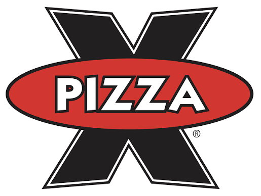 The Pizza X logo featuring a bold black letter X and a red oval with white text.