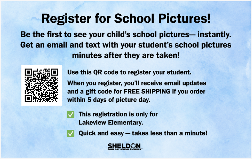 A flyer with a light blue watercolor background instructs parents to register for Lakeview Elementary school pictures using a QR code.