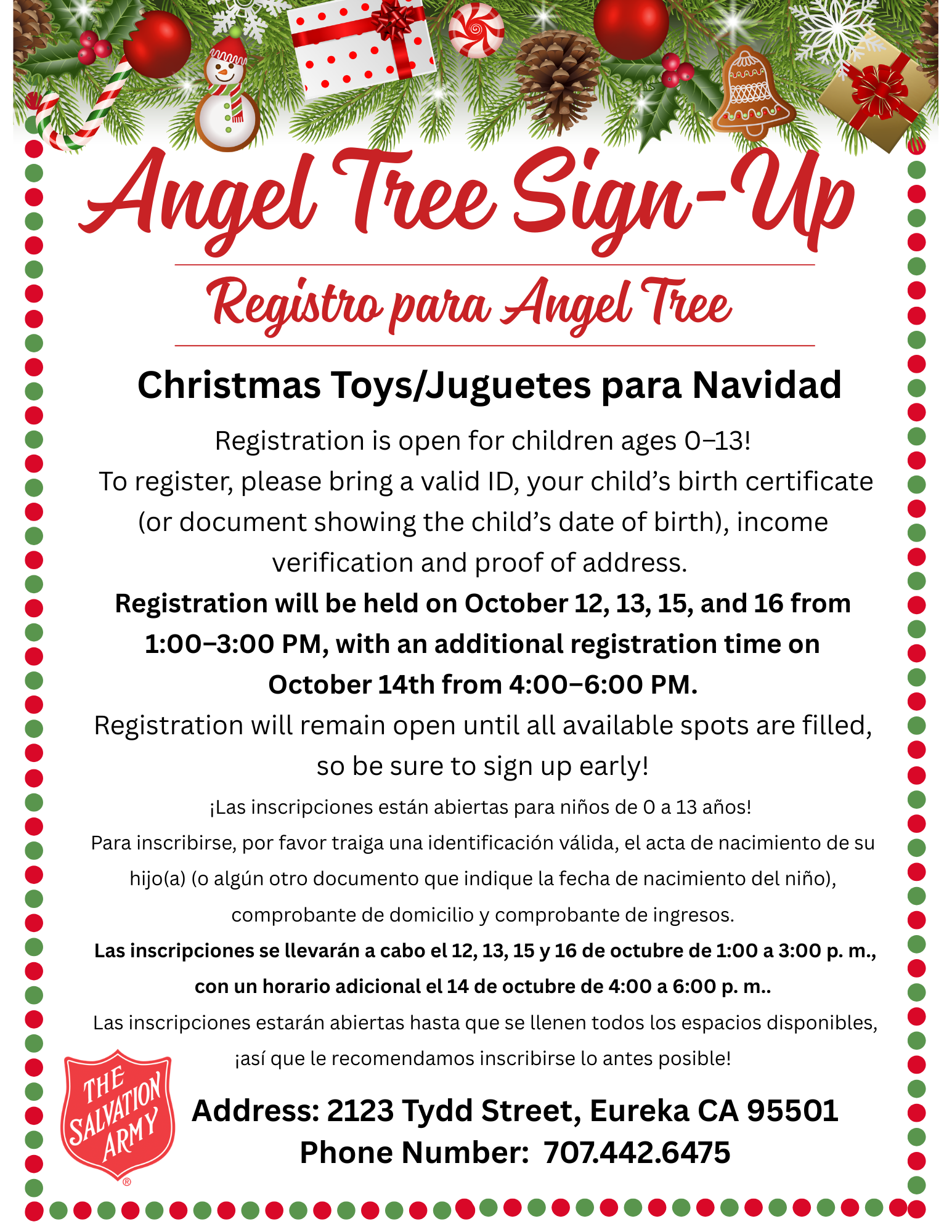 A festive flyer in English and Spanish advertises the Salvation Army Angel Tree toy registration dates and requirements.