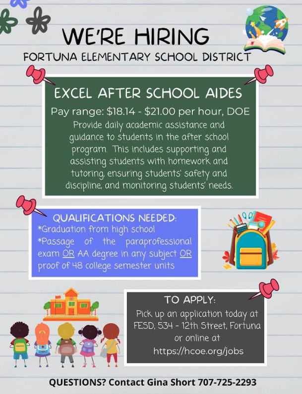 A "WE'RE HIRING" flyer for the Fortuna Elementary School District, featuring job details for after-school aides.